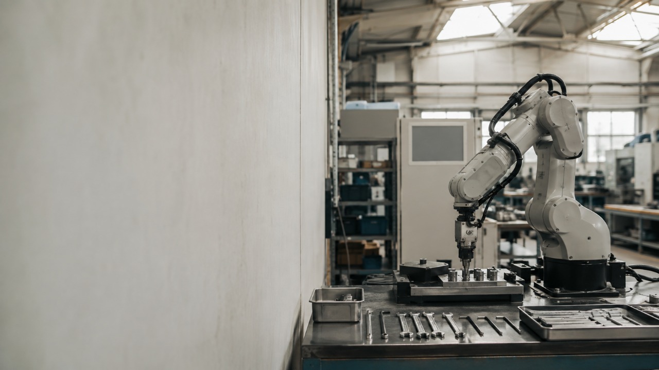日本の町工場の作業台で稼働する小型の産業用ロボットアーム