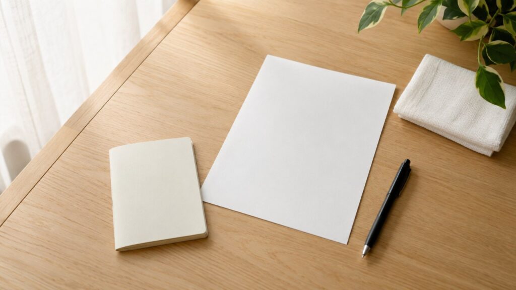 淡い木目のテーブルに置かれた母子健康手帳のような冊子とA4縦の役所提出書類、ボールペンとガーゼ。出生届の提出準備をイメージした情景