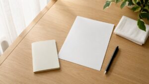 淡い木目のテーブルに置かれた母子健康手帳のような冊子とA4縦の役所提出書類、ボールペンとガーゼ。出生届の提出準備をイメージした情景