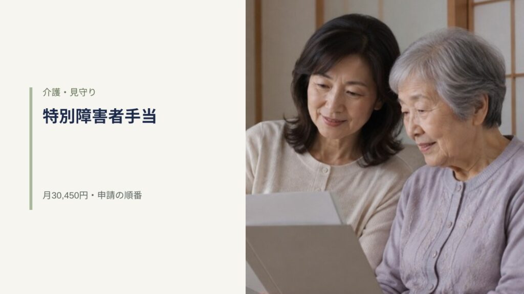 特別障害者手当の申請書類を、中年の女性と高齢の母親が自宅の居間で一緒に確認している様子
