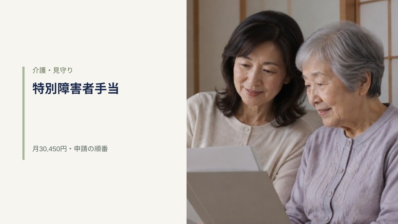 特別障害者手当の申請書類を、中年の女性と高齢の母親が自宅の居間で一緒に確認している様子