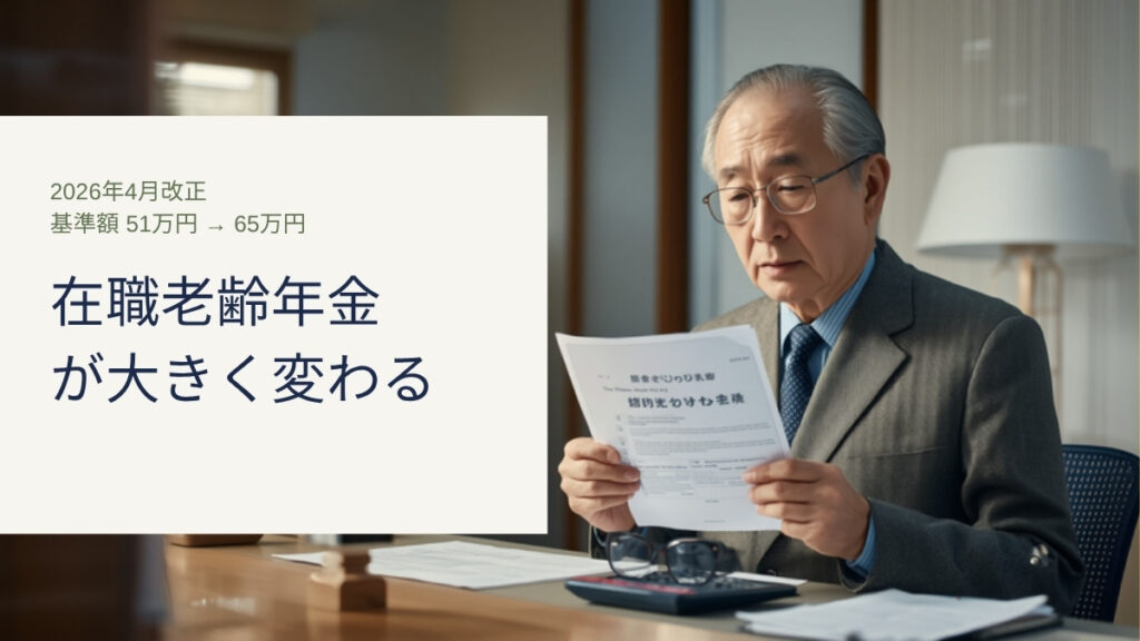 在職老齢年金の改正内容を書類で確認する高齢の男性と電卓