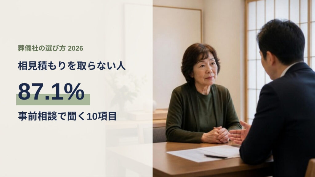 落ち着いた応接室で、葬儀社の担当者と白紙の書類を前に事前相談をする女性