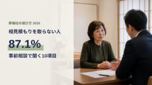 落ち着いた応接室で、葬儀社の担当者と白紙の書類を前に事前相談をする女性