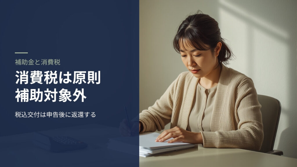 事務所の机で電卓と白紙の書類を前に確認をしている女性事業者