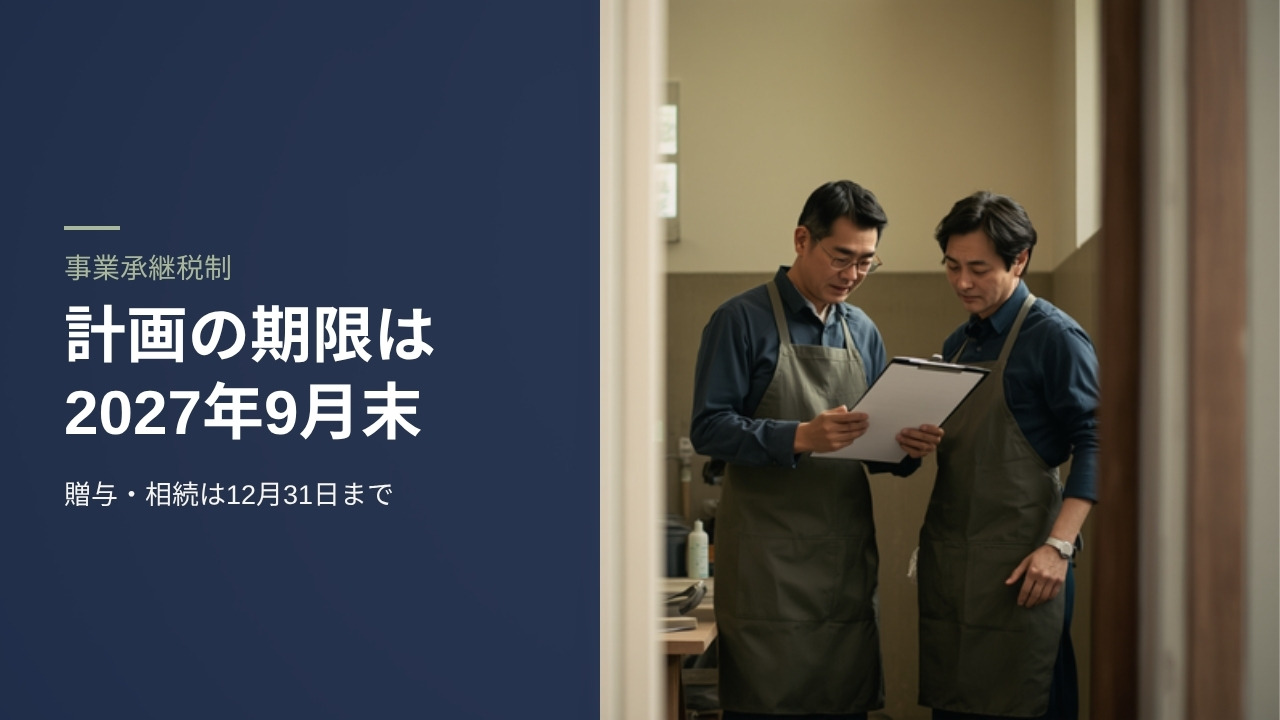町工場で先代と後継者が白紙の書類を一緒に確認している様子