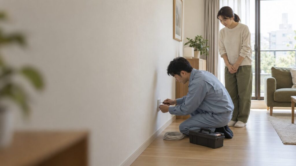 日本のマンションの居室で作業員が壁際に光コンセントを取り付け、住人が立ち会っている様子