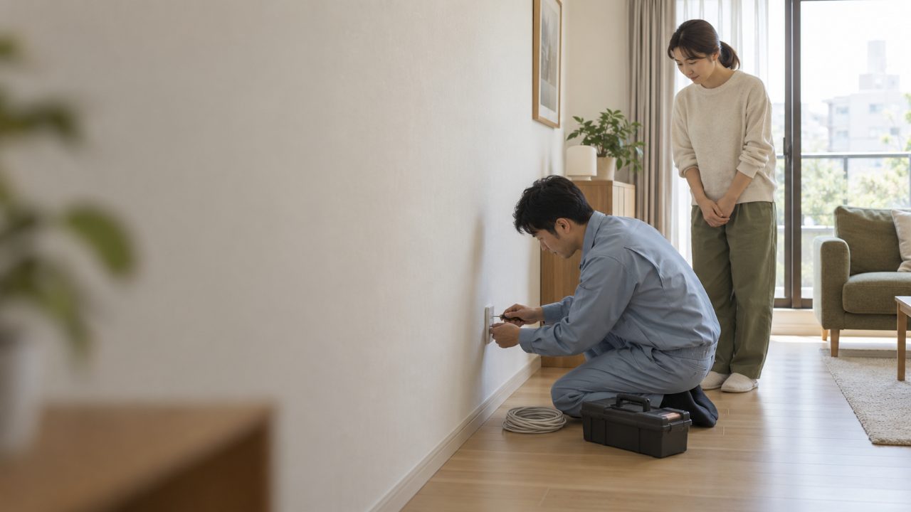 日本のマンションの居室で作業員が壁際に光コンセントを取り付け、住人が立ち会っている様子