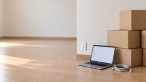 引越し直後の部屋の壁にある光コンセントと、床に置かれたノートPC・LANケーブル・段ボール箱