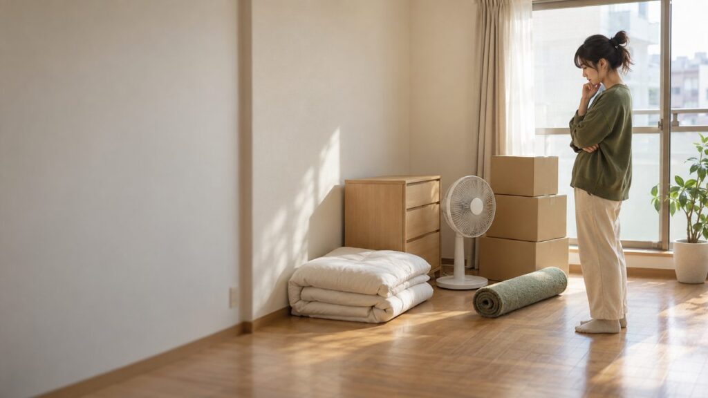 引越し当日のがらんとした部屋に、処分する小型のたんす・布団・扇風機・段ボールがまとめられ住人が見ている様子