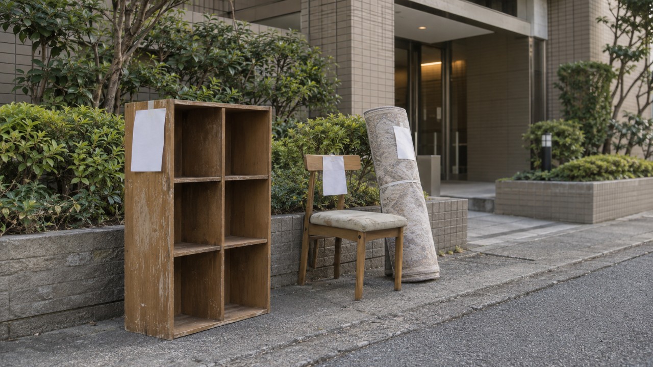 日本のマンションのエントランス脇の歩道に、木製のカラーボックスと椅子、丸めたカーペットが粗大ごみとして並べて置かれている様子
