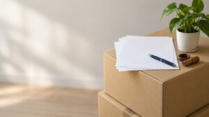 引越しのダンボール箱の上に置かれたA4の申請書類とボールペン、印鑑