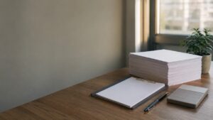 木の机の上に積まれたA4縦の白い書類の束と、手前のクリップボード・ボールペン・電卓