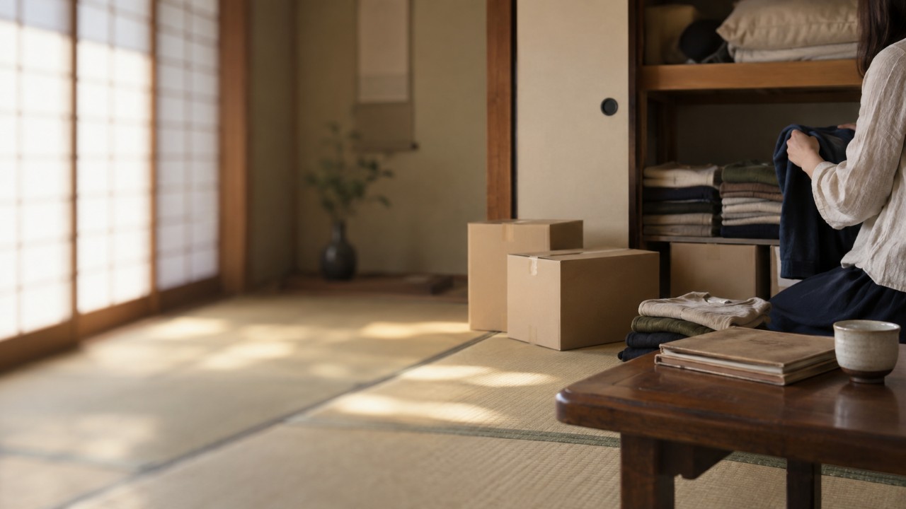 日本の実家の和室で、障子越しの自然光の中、押し入れの前で衣類を仕分け段ボール箱に詰めている様子