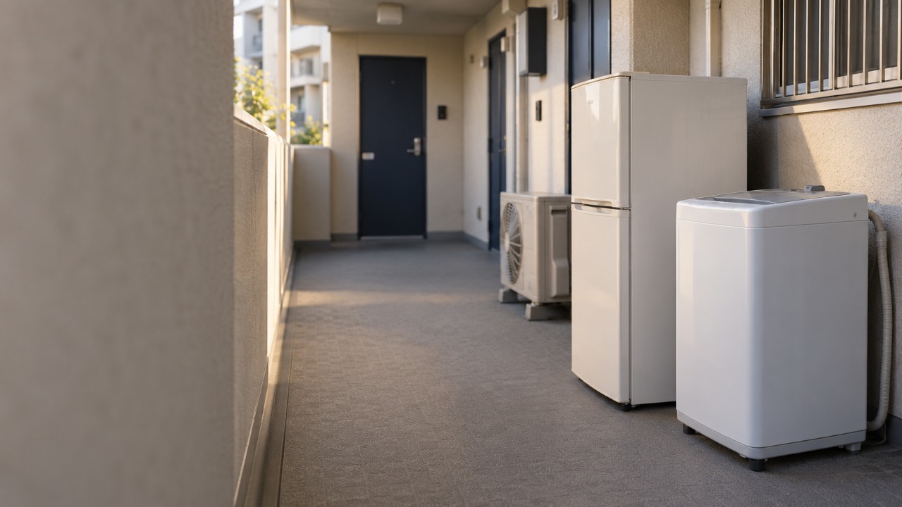 集合住宅の通路に置かれた冷蔵庫と洗濯機とエアコンの室外機