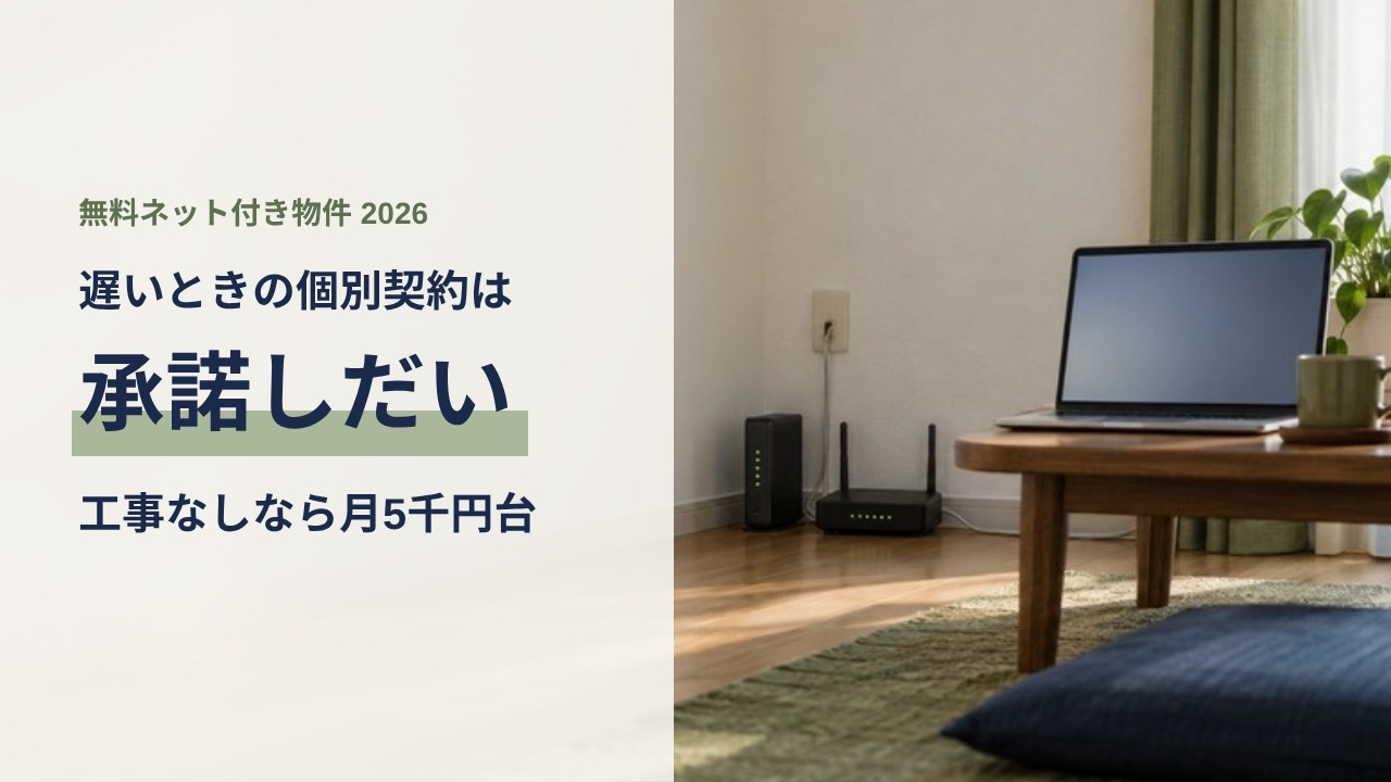 賃貸の部屋の壁際に置かれたWi-Fiルーターとモデム、低いテーブルの上のノートパソコン