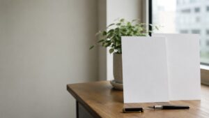 窓辺の木の机に置かれたA4縦の無地の書類と万年筆。日本の小さな会社の事務所