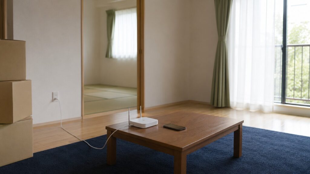引越し直後の和室のある部屋で、ローテーブルに置かれたWi-Fiルーターとスマートフォン