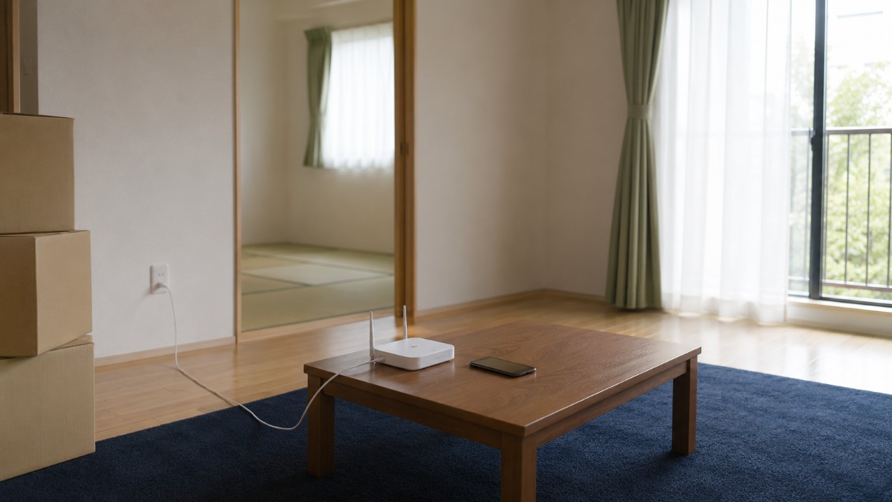 引越し直後の和室のある部屋で、ローテーブルに置かれたWi-Fiルーターとスマートフォン