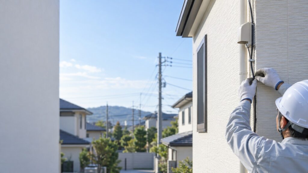 新築の一戸建て住宅の外壁に通信ケーブルを引き込む工事の様子