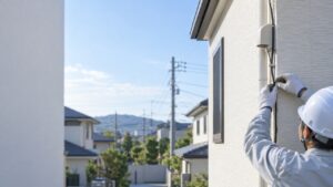 新築の一戸建て住宅の外壁に通信ケーブルを引き込む工事の様子