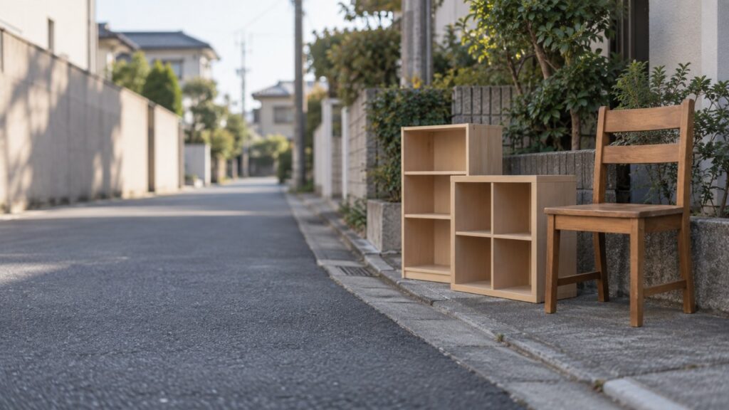 住宅街の歩道に出された粗大ごみの木の椅子とカラーボックス
