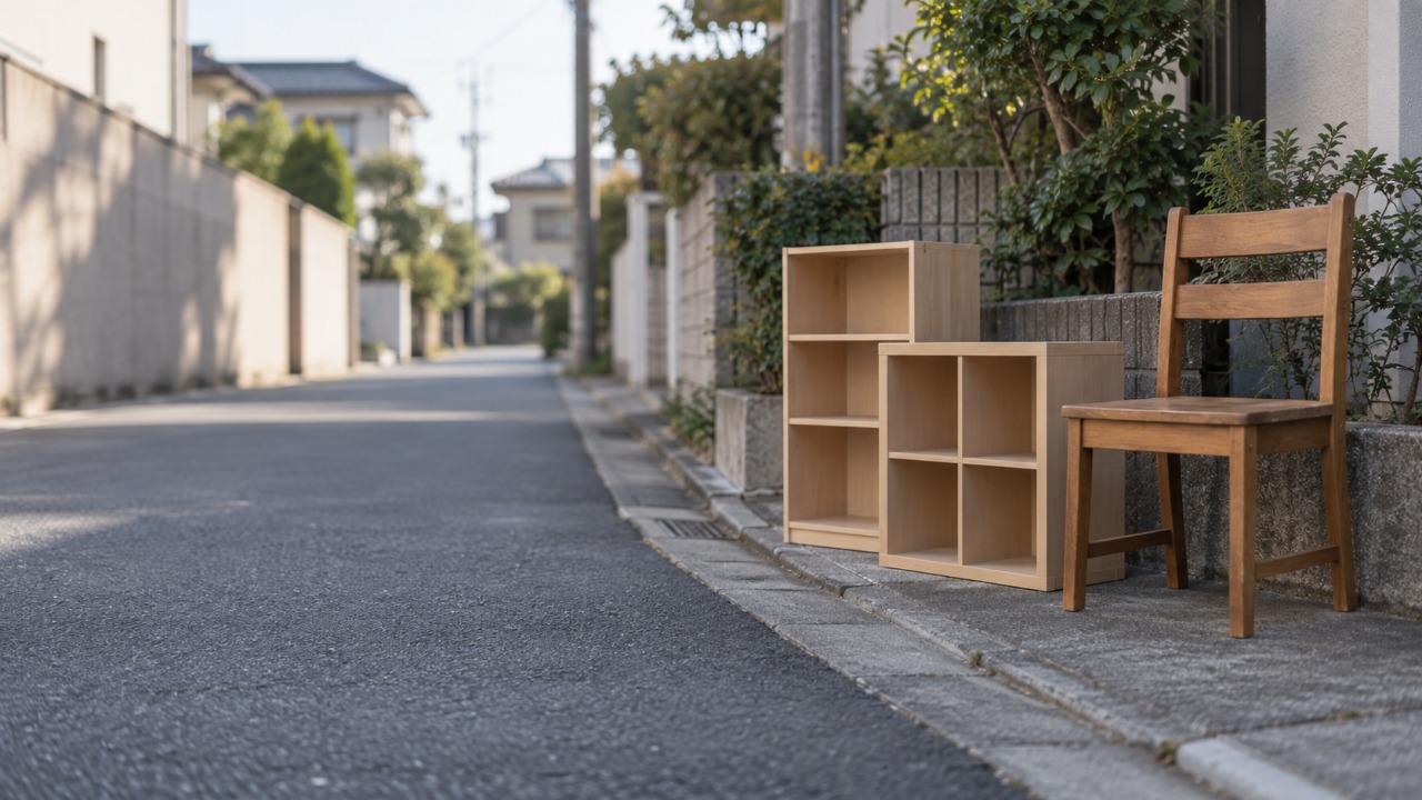 住宅街の歩道に出された粗大ごみの木の椅子とカラーボックス