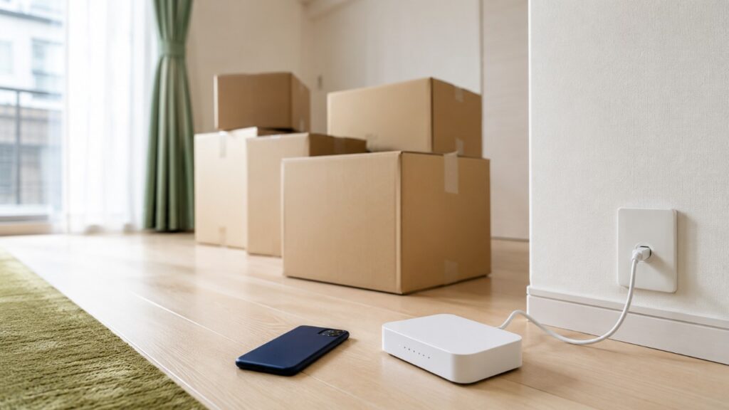 引越し先の部屋に積まれた段ボールと、壁の光コンセントにつながれたWi-Fiルーター