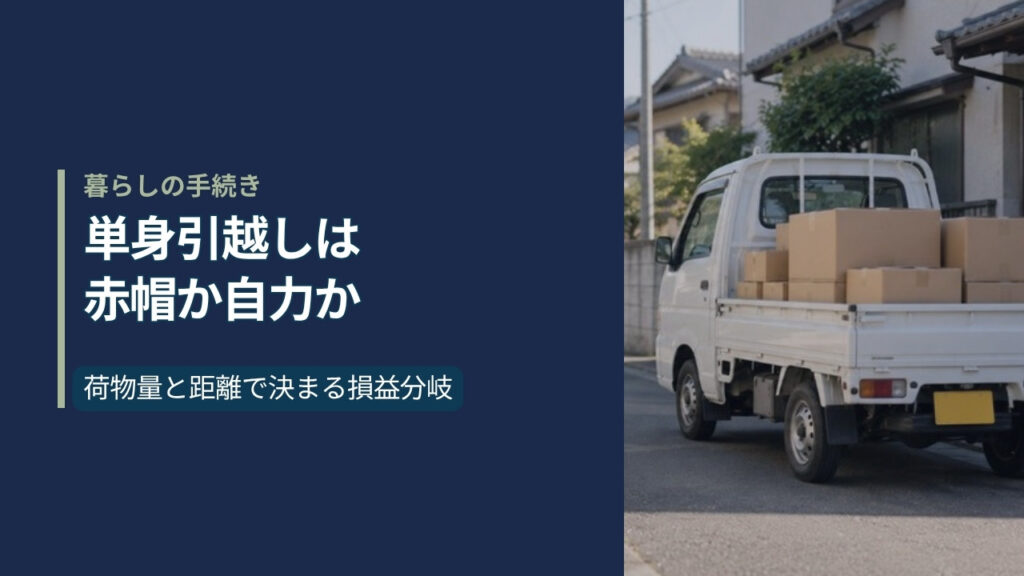 日本の住宅街の道路に停まった白い軽トラックの荷台に段ボール箱が積まれている引越しの情景