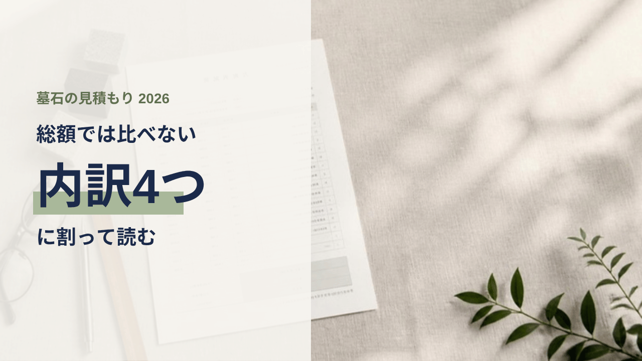 石材店の見積書と筆記具が置かれた机。墓石の見積もりは内訳4つに割って読む