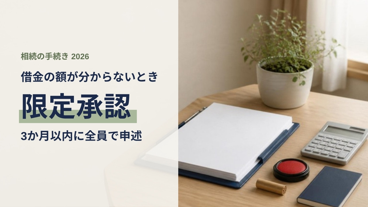 木の机に置かれた白紙の書類と印鑑・朱肉・電卓。限定承認の手続きを表すアイキャッチ