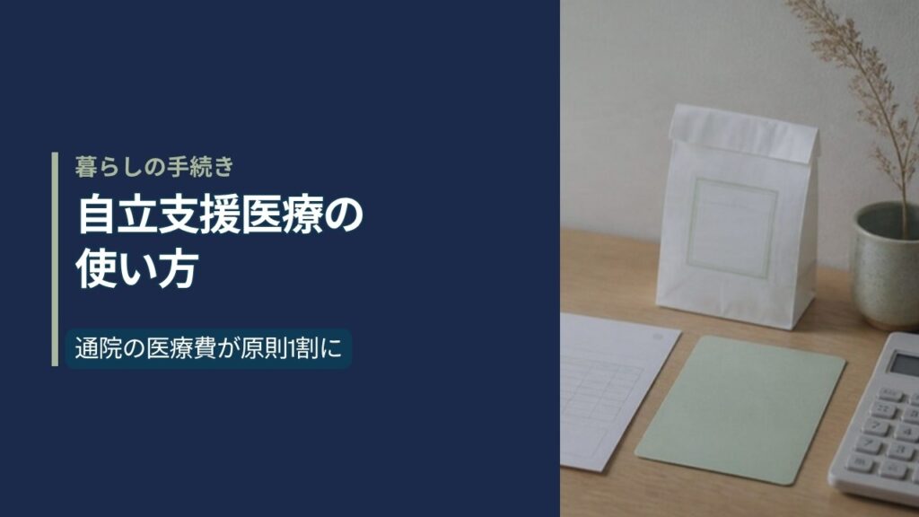 木のテーブルに置かれた薬局の薬袋と白紙の受給者証、領収書と電卓。左に「自立支援医療の使い方」の文字